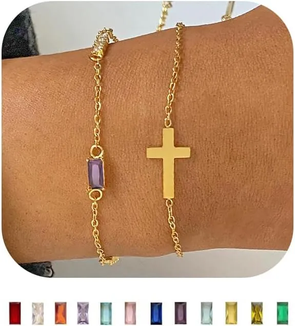 Birthstone Gold Layered Cross Bracelet for Women Dainty Trendy 14K Gold Plated Bracelet Stackable Link Bracelet Blue Green May Emerald Friendship Bracelets for Women Jewelry Gifts