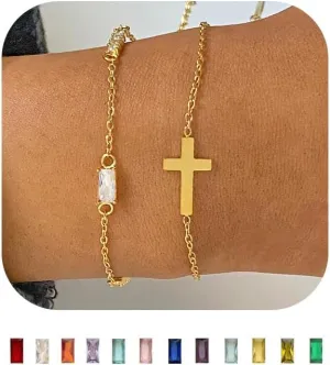 Birthstone Gold Layered Cross Bracelet for Women Dainty Trendy 14K Gold Plated Bracelet Stackable Link Bracelet Blue Green May Emerald Friendship Bracelets for Women Jewelry Gifts