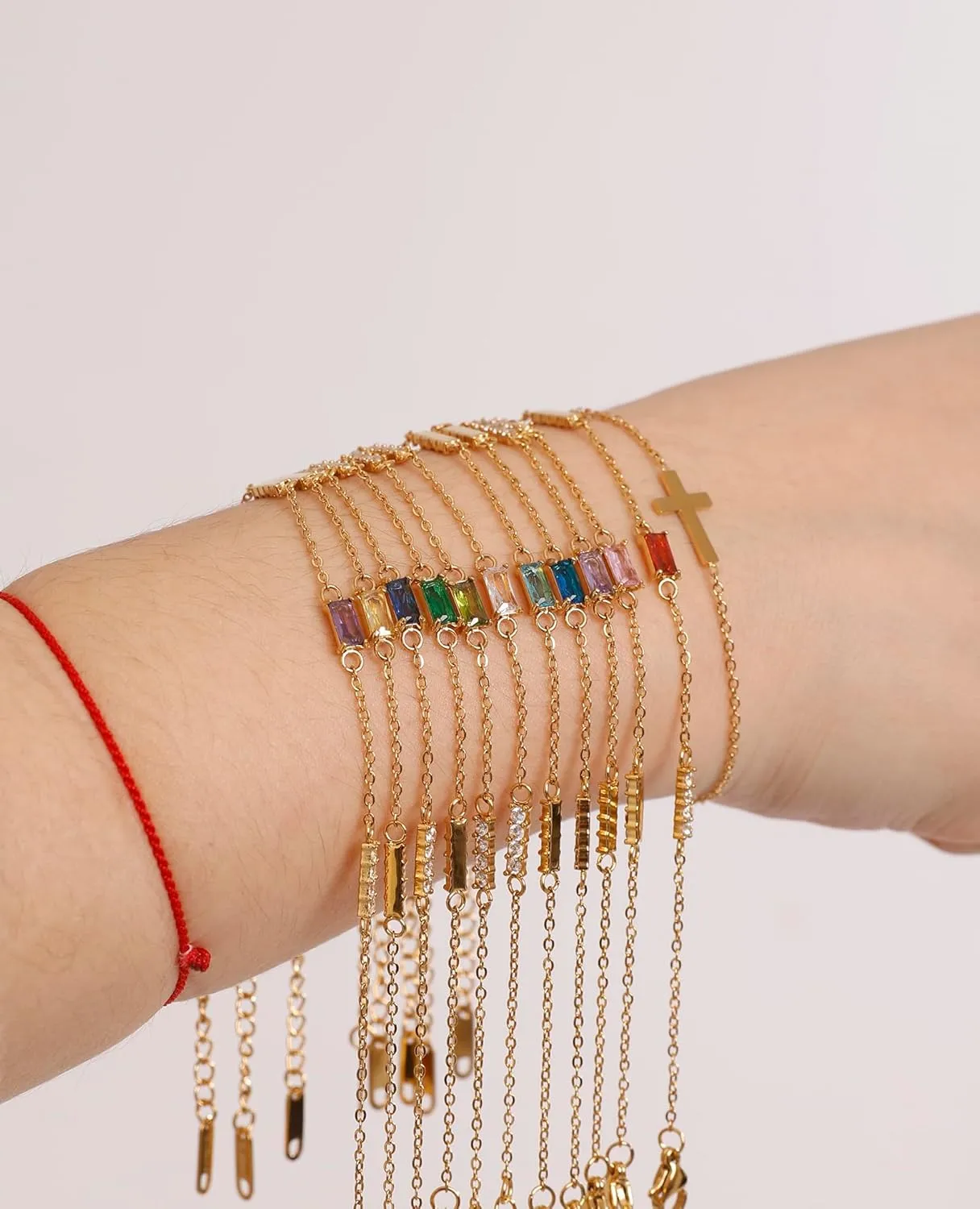 Birthstone Gold Layered Cross Bracelet for Women Dainty Trendy 14K Gold Plated Bracelet Stackable Link Bracelet Blue Green May Emerald Friendship Bracelets for Women Jewelry Gifts