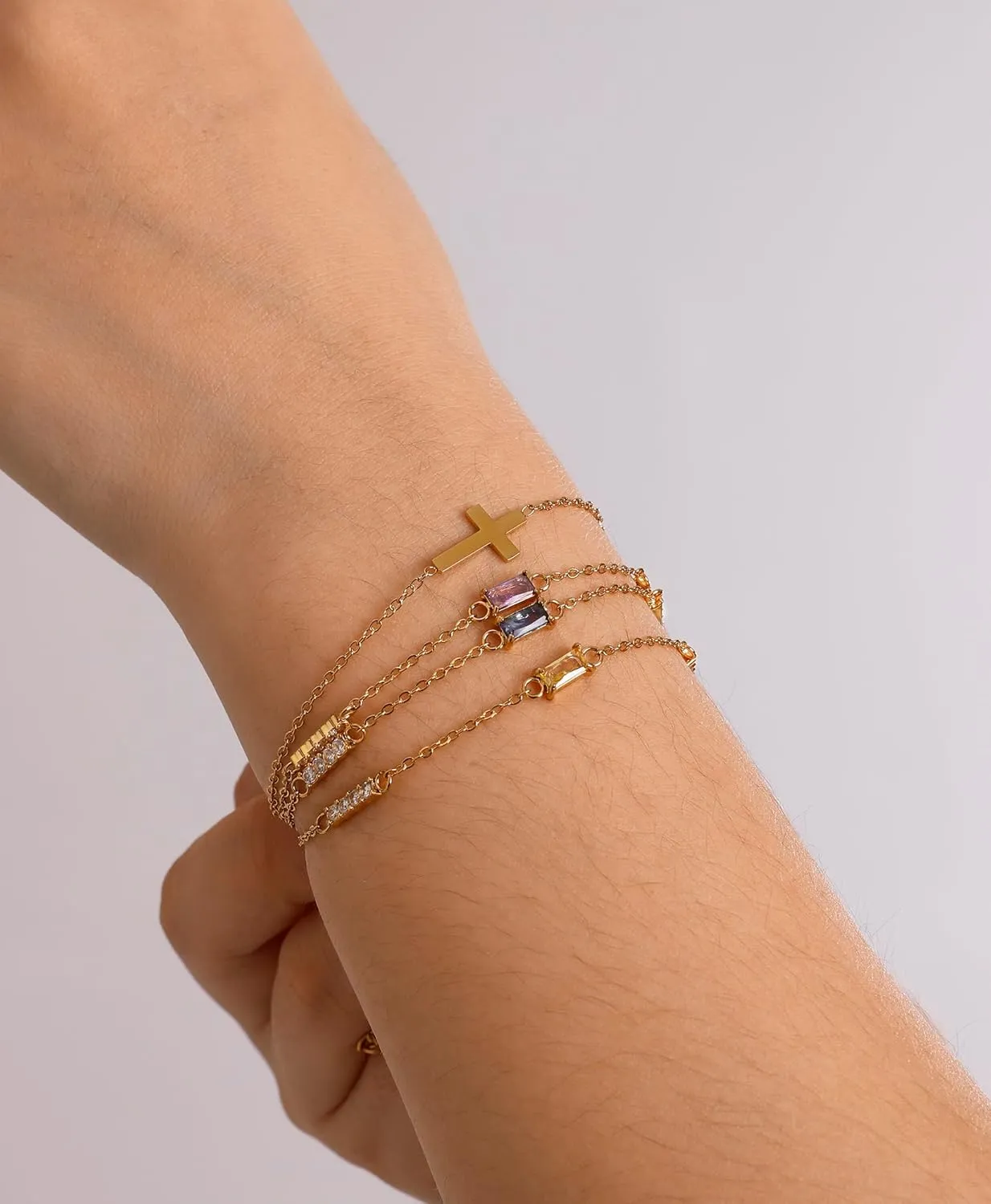 Birthstone Gold Layered Cross Bracelet for Women Dainty Trendy 14K Gold Plated Bracelet Stackable Link Bracelet Blue Green May Emerald Friendship Bracelets for Women Jewelry Gifts