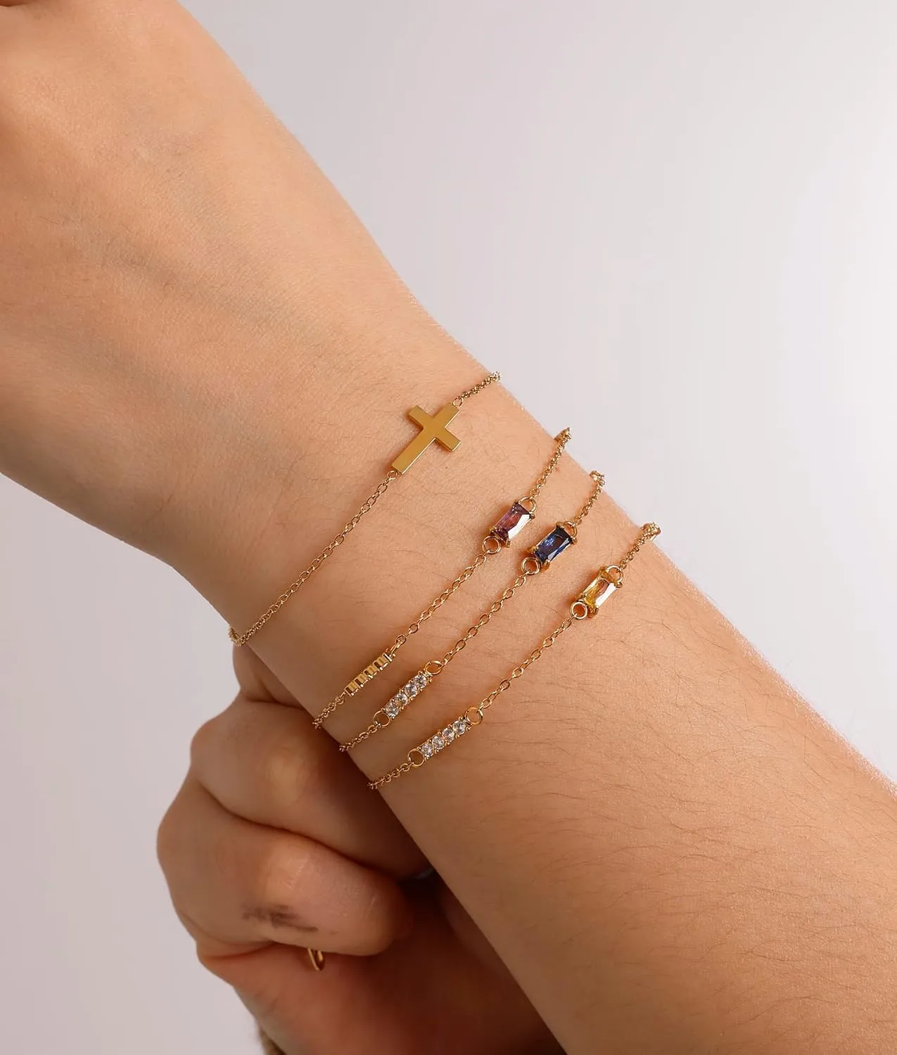 Birthstone Gold Layered Cross Bracelet for Women Dainty Trendy 14K Gold Plated Bracelet Stackable Link Bracelet Blue Green May Emerald Friendship Bracelets for Women Jewelry Gifts
