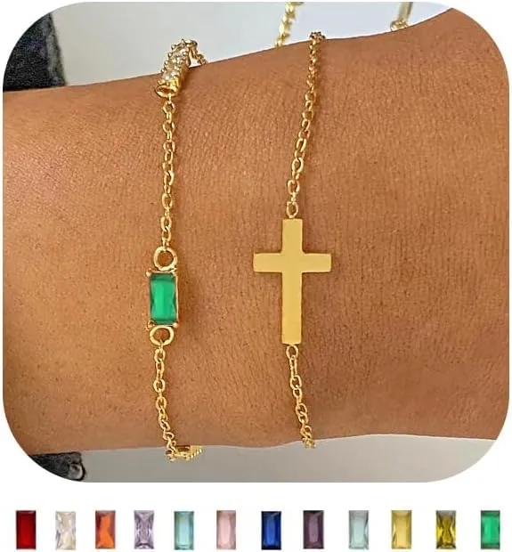 Birthstone Gold Layered Cross Bracelet for Women Dainty Trendy 14K Gold Plated Bracelet Stackable Link Bracelet Blue Green May Emerald Friendship Bracelets for Women Jewelry Gifts
