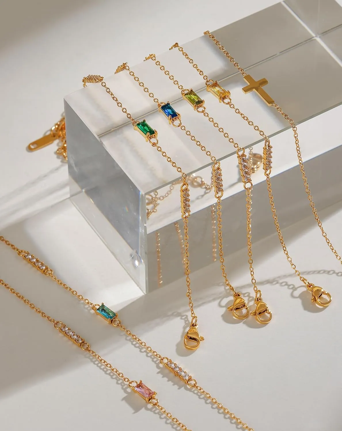 Birthstone Gold Layered Cross Bracelet for Women Dainty Trendy 14K Gold Plated Bracelet Stackable Link Bracelet Blue Green May Emerald Friendship Bracelets for Women Jewelry Gifts