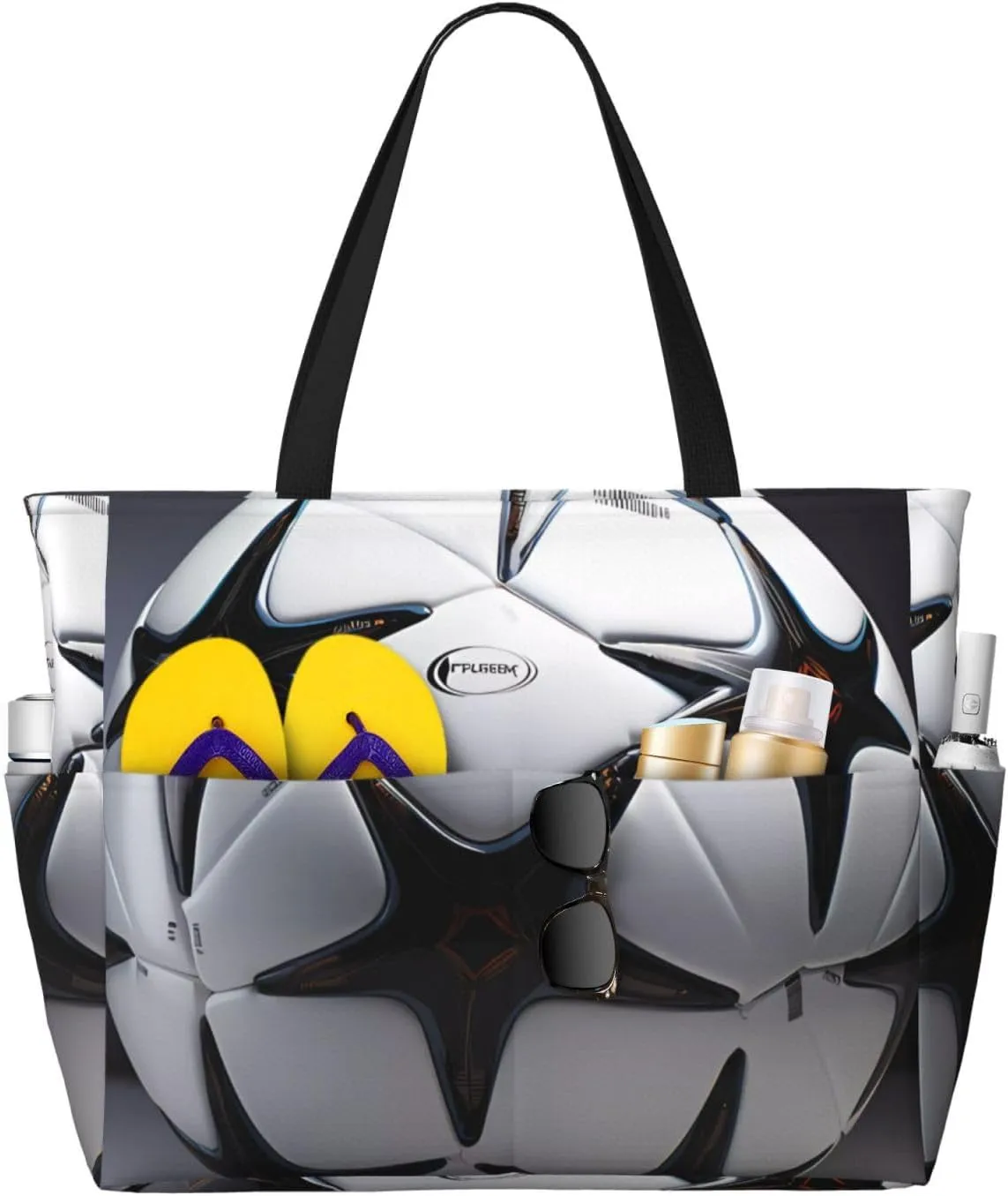 Black White Football Print 28L Large Beach Tote Bag, 7 Pockets Waterproof Travel Shoulder Bag, Gym Oversized Tote