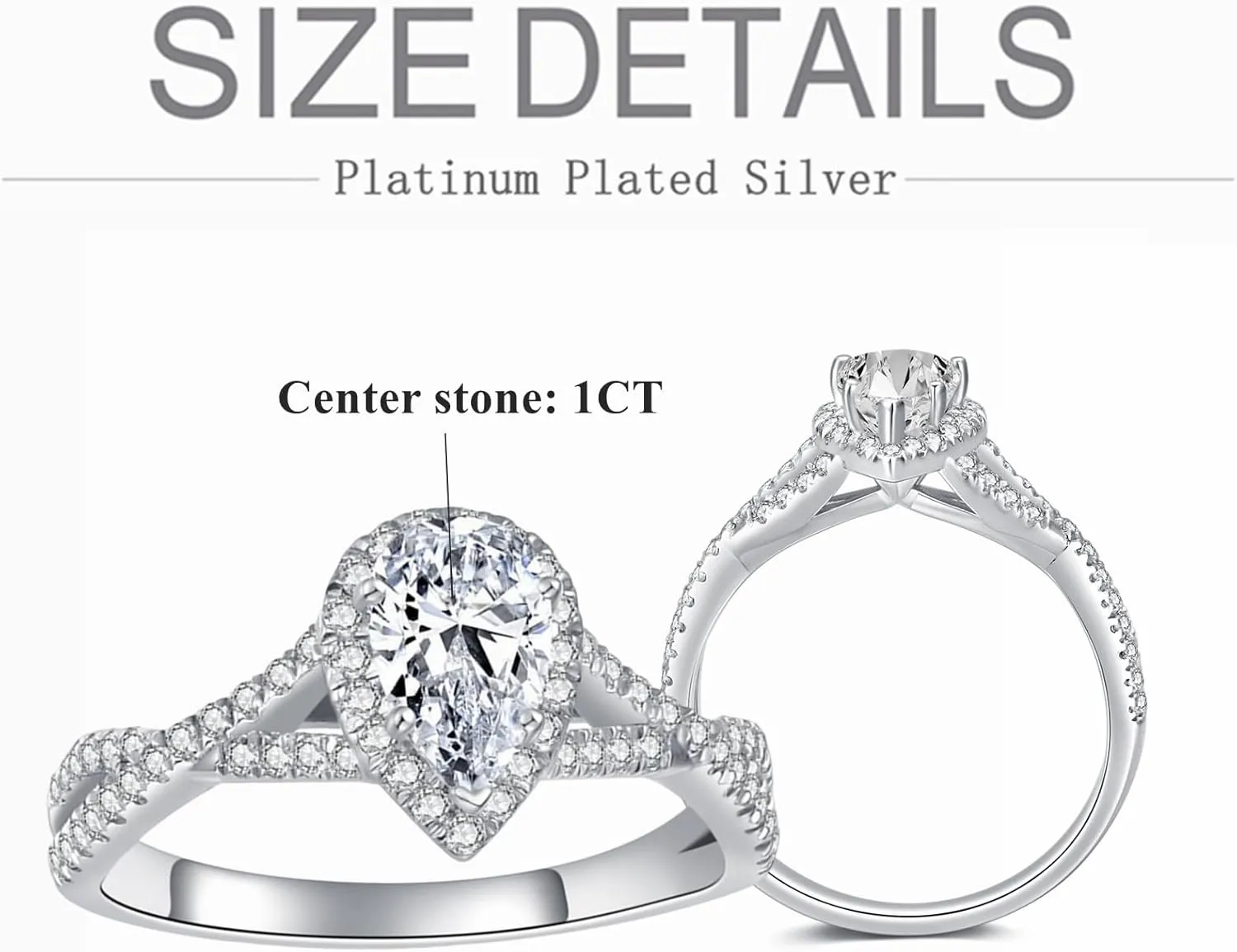 Blocaci Pear Shaped Engagement Rings for Women 1-1/2 Carat(ctw) Moissanite Twisted Engagement Rings Platinum Plated Silver Wedding Anniversary Promise Rings