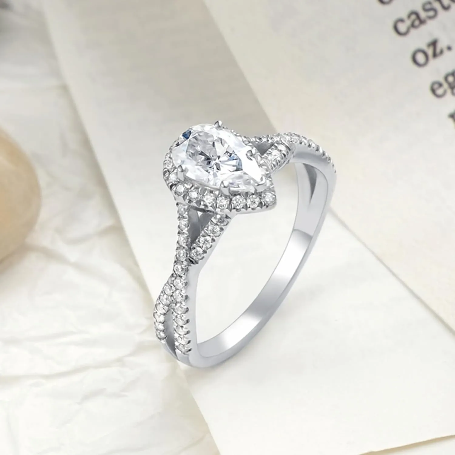 Blocaci Pear Shaped Engagement Rings for Women 1-1/2 Carat(ctw) Moissanite Twisted Engagement Rings Platinum Plated Silver Wedding Anniversary Promise Rings