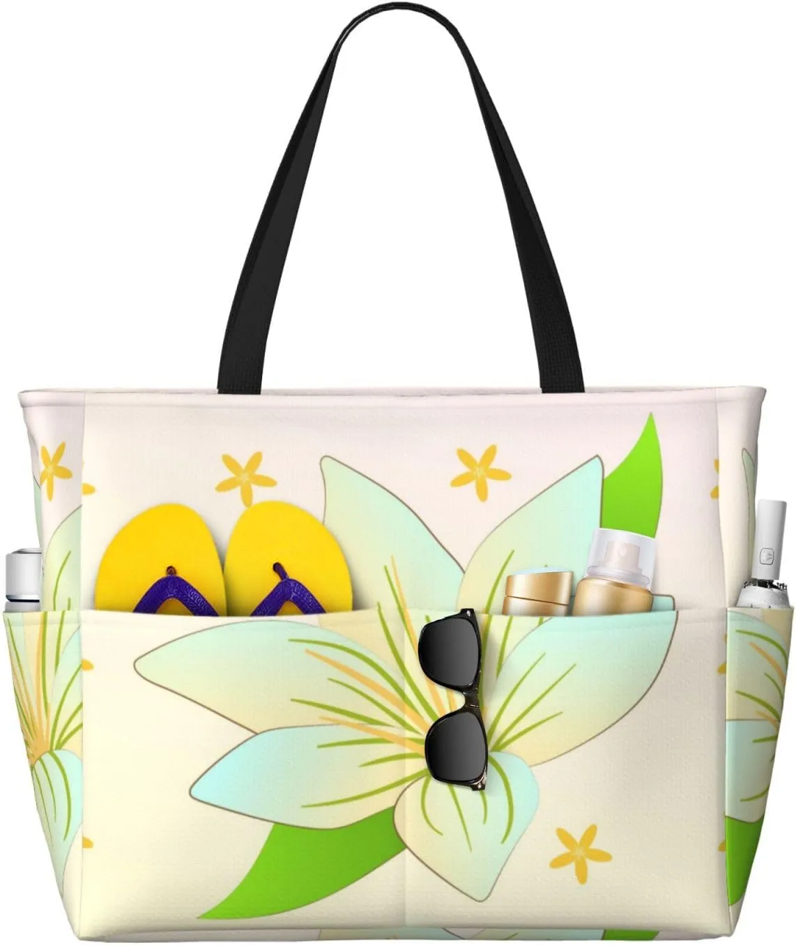 Blooming Daffodils Print 28L Large Beach Tote Bag, 7 Pockets Waterproof Travel Shoulder Bag, Gym Oversized Tote