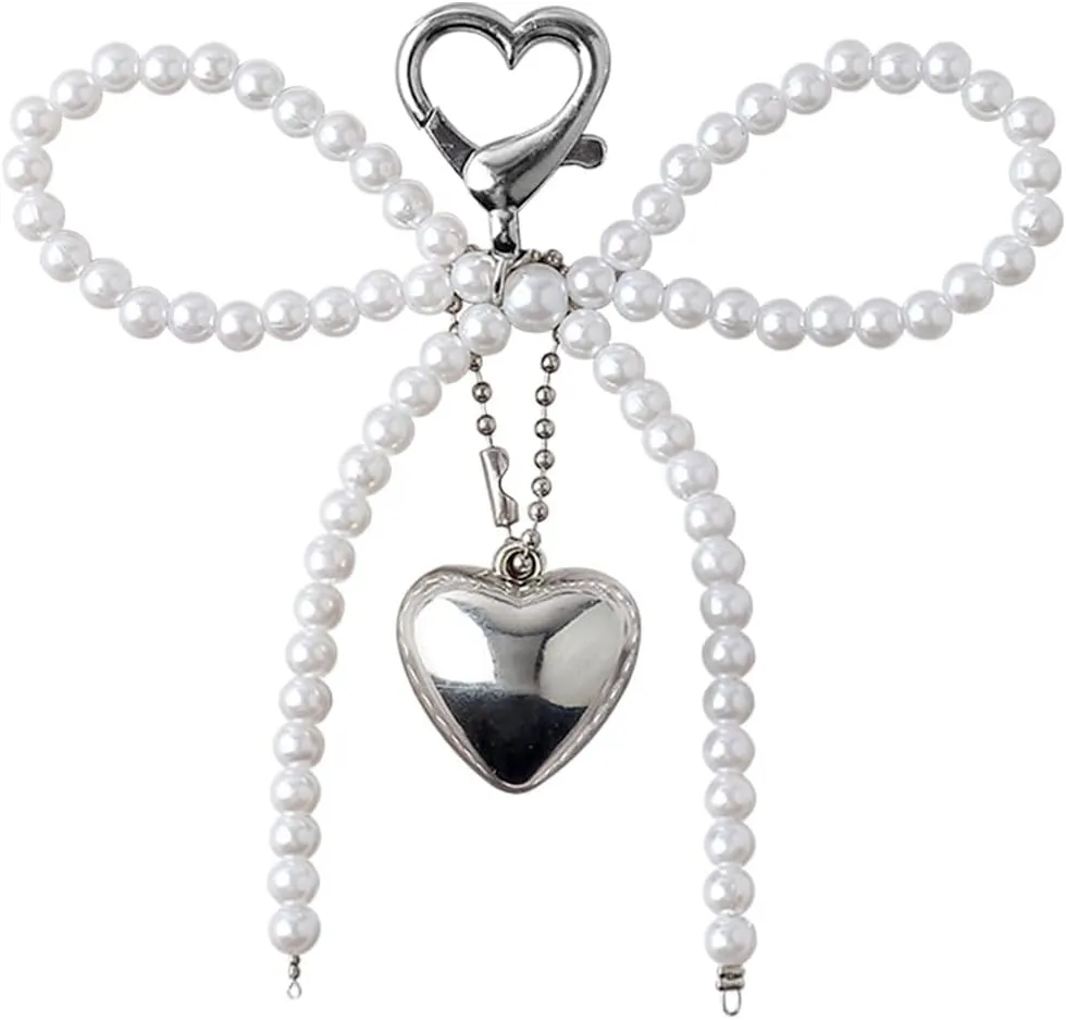 Bow Keychain Accessories Silver Heart Pendant Pearl Bow Key Chain Phone Charm Sweet Bow Cute Keychains for Women Bag Charms Key Rings for Car Keys Bow Charms Key Chains Bowknot Key Ring Girl Key Rings