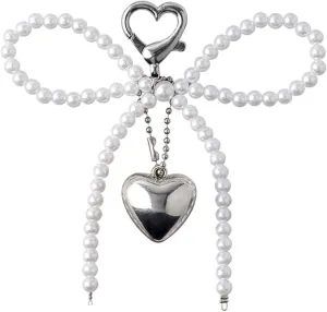 Bow Keychain Accessories Silver Heart Pendant Pearl Bow Key Chain Phone Charm Sweet Bow Cute Keychains for Women Bag Charms Key Rings for Car Keys Bow Charms Key Chains Bowknot Key Ring Girl Key Rings