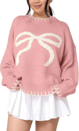 Bow Sweater Women 2025 Holiday Tops Spring Trendy Long Sleeve Valentines Day Outfit Sweater With Bows