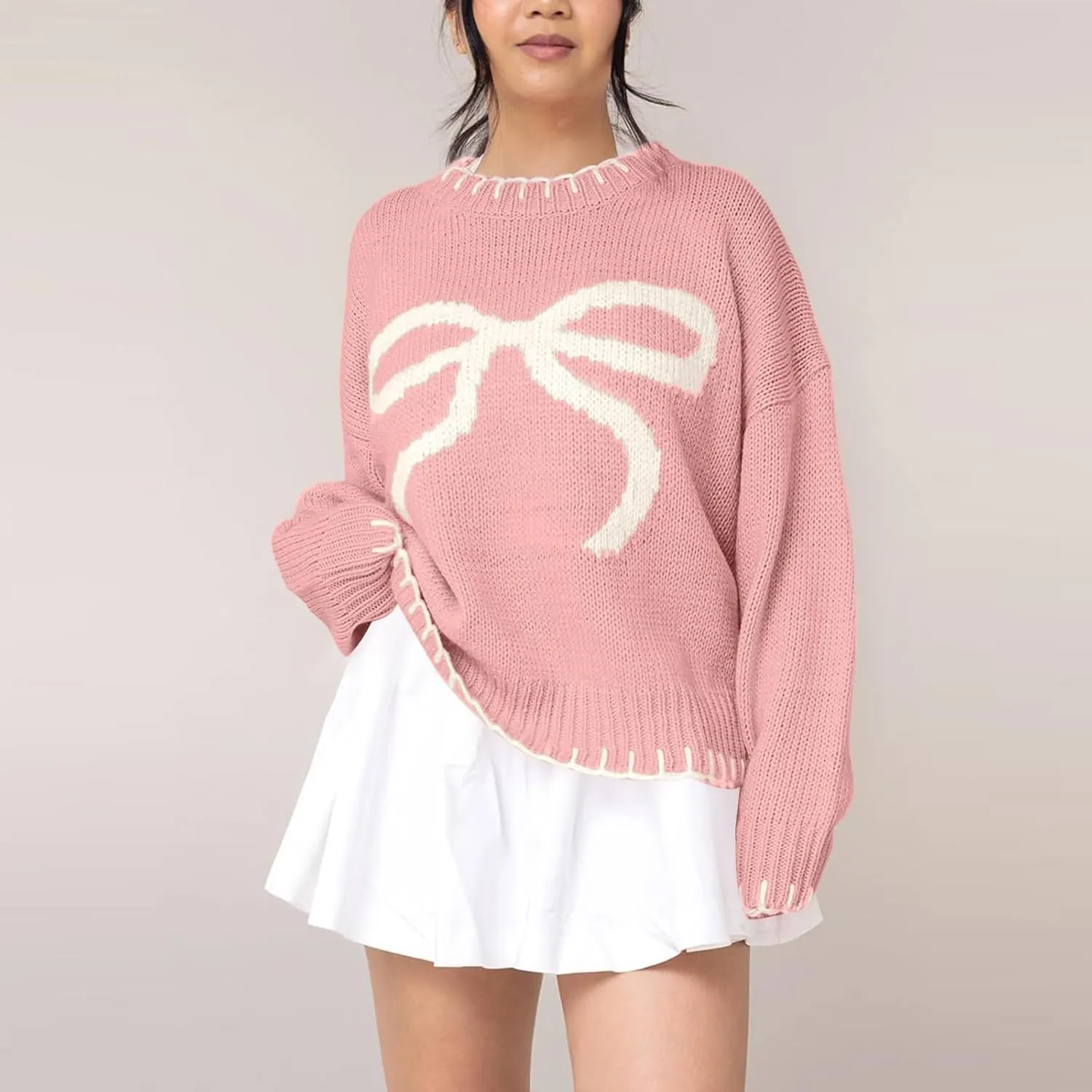 Bow Sweater Women 2025 Holiday Tops Spring Trendy Long Sleeve Valentines Day Outfit Sweater With Bows