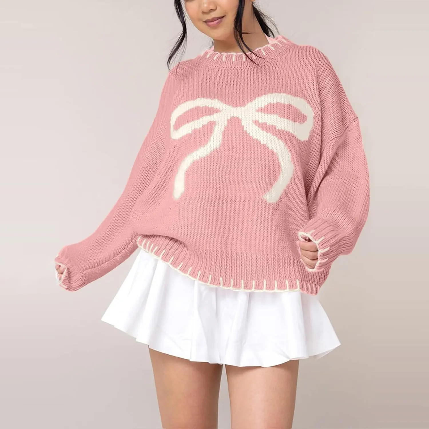 Bow Sweater Women 2025 Holiday Tops Spring Trendy Long Sleeve Valentines Day Outfit Sweater With Bows