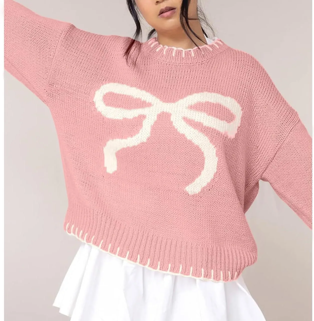 Bow Sweater Women 2025 Holiday Tops Spring Trendy Long Sleeve Valentines Day Outfit Sweater With Bows