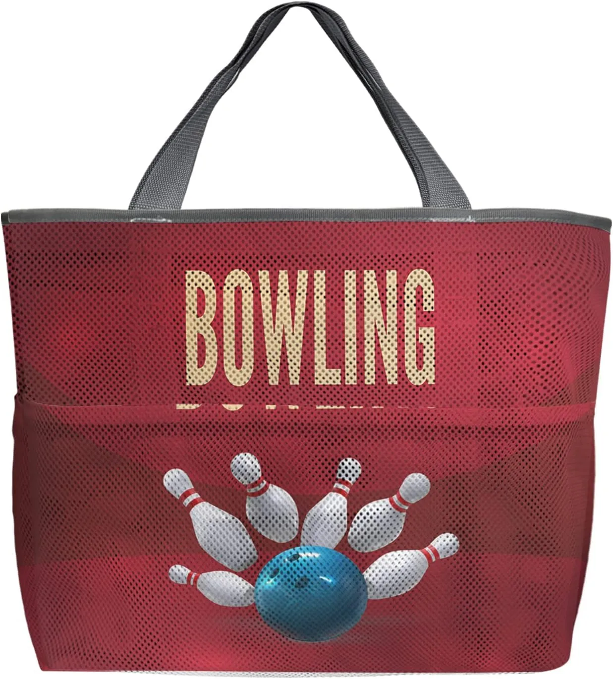 Bowling Beach Tote Bag for Women, Bowling Sport Blue Ball Classic Red Decor Mesh Beach Bags Waterproof Sandproof, Outdoor Picnic Swim Pool Handbag - Large Beach Bag with Zipper and Pockets