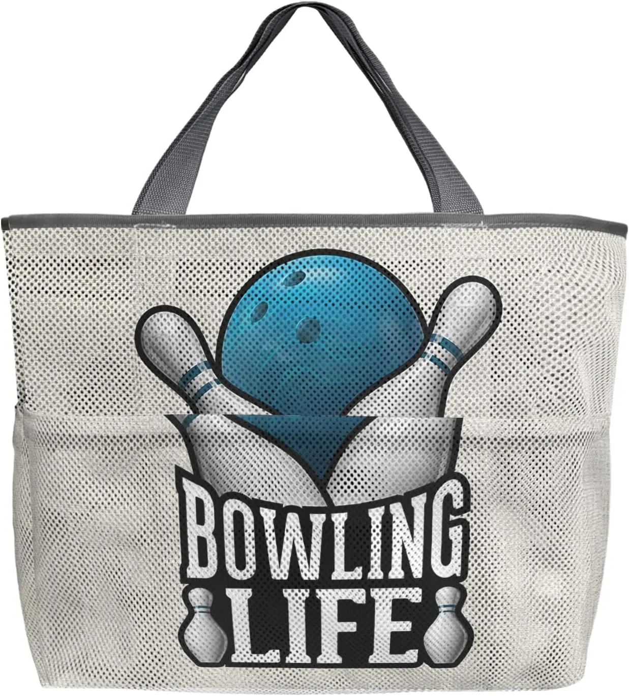 Bowling Life Beach Tote Bag for Women, Blue Ball Farmhouse Burlap Mesh Beach Bags Waterproof Sandproof, Outdoor Picnic Swim Pool Handbag - Large Beach Bag with Zipper and Pockets