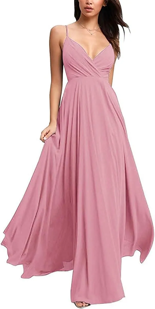 Bridesmaid Dresses Long 2021 Chiffon V Neck Spaghetti Evening Gowns for Women Formal Dusty Pink 10