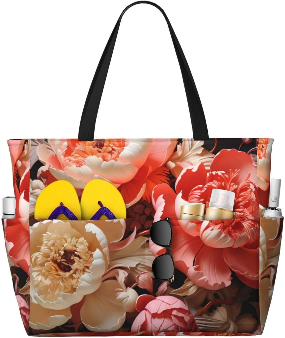 Brightly colored peonies Print 28L Large Beach Tote Bag, 7 Pockets Waterproof Travel Shoulder Bag, Gym Oversized Tote