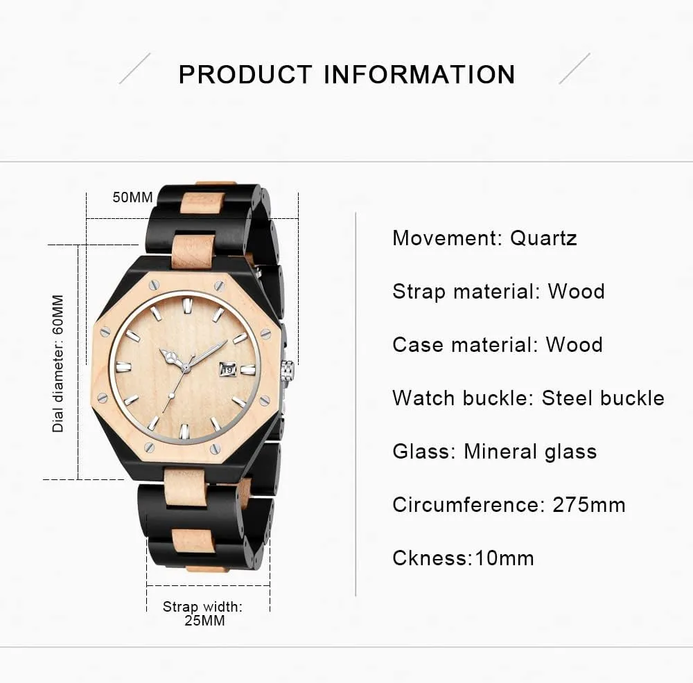 Brown Deep Black Ebony Zebra Wooden Quartz Men's Watch,Foldover Clasp Wood Strap Wooden Watches for Men