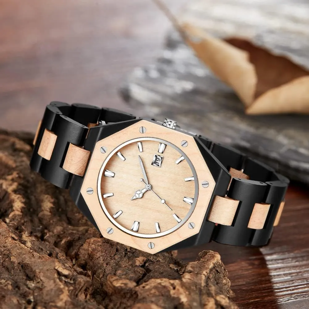 Brown Deep Black Ebony Zebra Wooden Quartz Men's Watch,Foldover Clasp Wood Strap Wooden Watches for Men