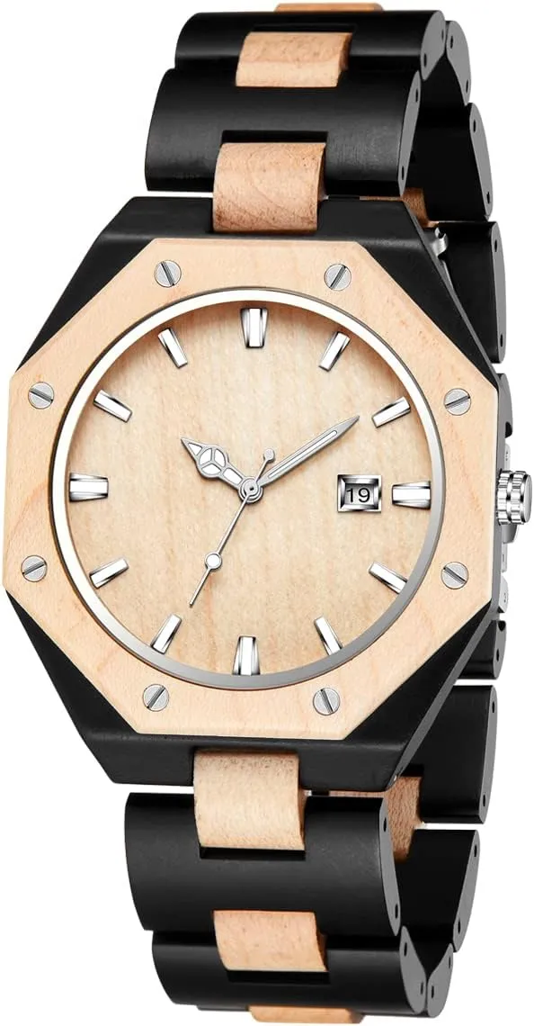Brown Deep Black Ebony Zebra Wooden Quartz Men's Watch,Foldover Clasp Wood Strap Wooden Watches for Men