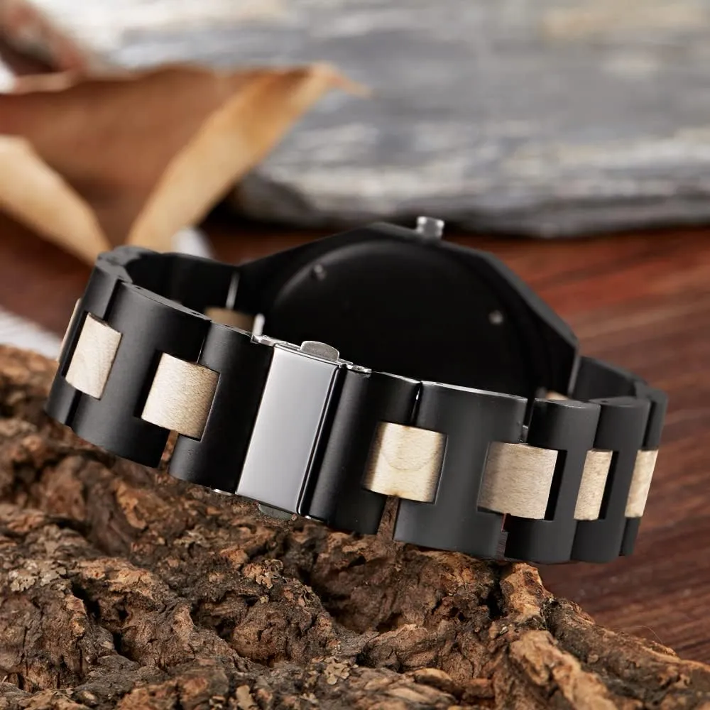 Brown Deep Black Ebony Zebra Wooden Quartz Men's Watch,Foldover Clasp Wood Strap Wooden Watches for Men