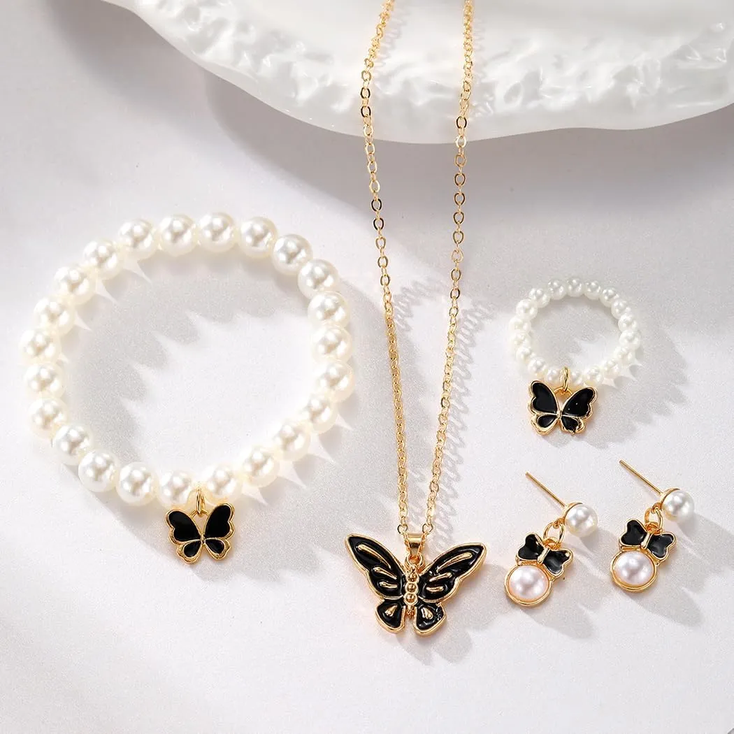 Butterfly Pearl Set for Women, Earrings Necklace Bracelet Ring Pearl Set, Cute Butterfly Jewelry, Romantic Jewelry Accessories