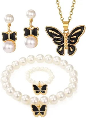 Butterfly Pearl Set for Women, Earrings Necklace Bracelet Ring Pearl Set, Cute Butterfly Jewelry, Romantic Jewelry Accessories