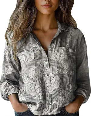 Button Down Shirts Linen Tops for Women Solid Color Shirt Long Sleeve Button Down Loose Fit Vacation Beach