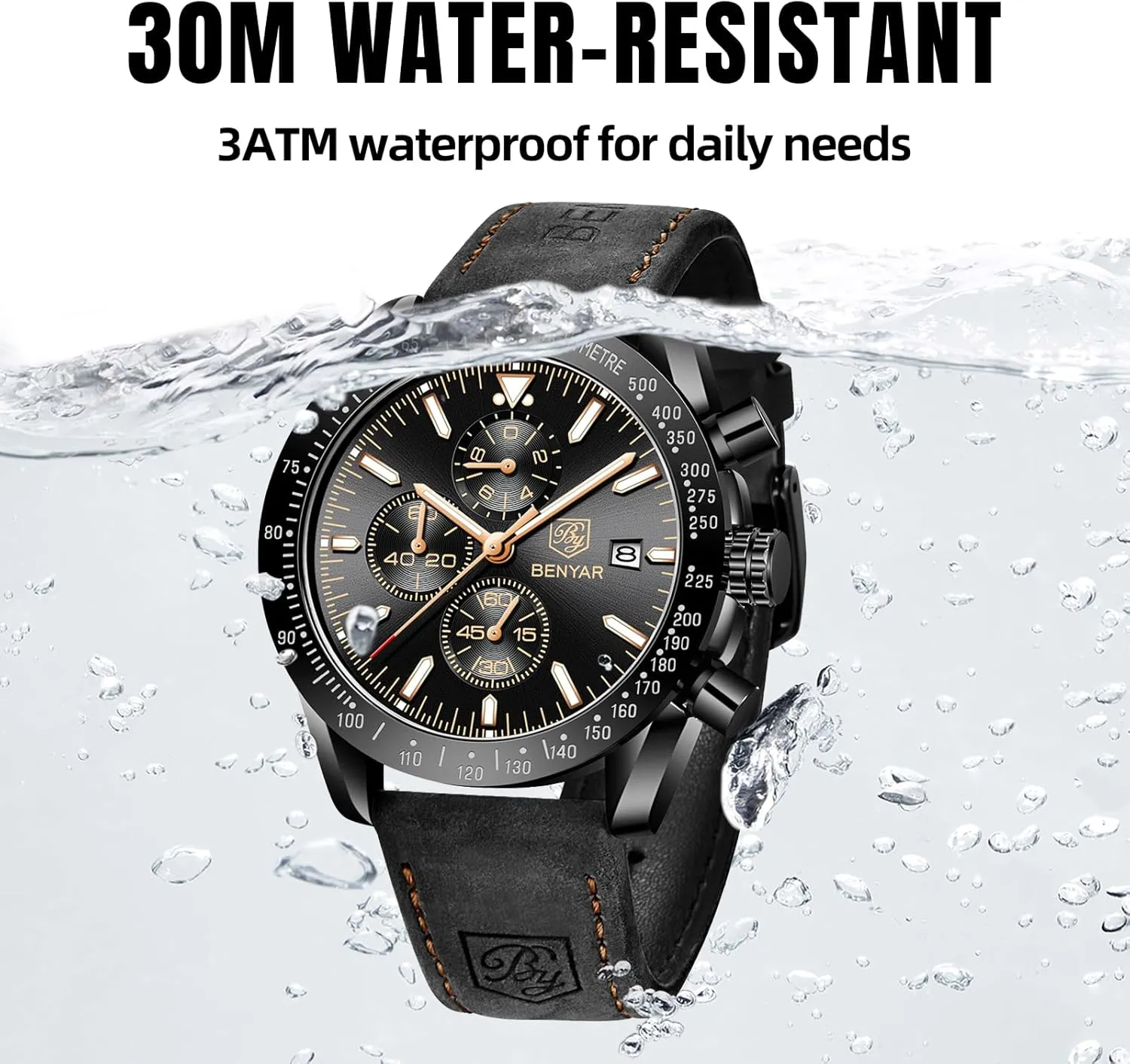 BY BENYAR Watch for Men Analog Quartz Chronograph Waterproof Luminous Designer Mens Wrist Watches Business Work Sport Casual Dress Watch with Silicone Strap Elegant Gifts for Men