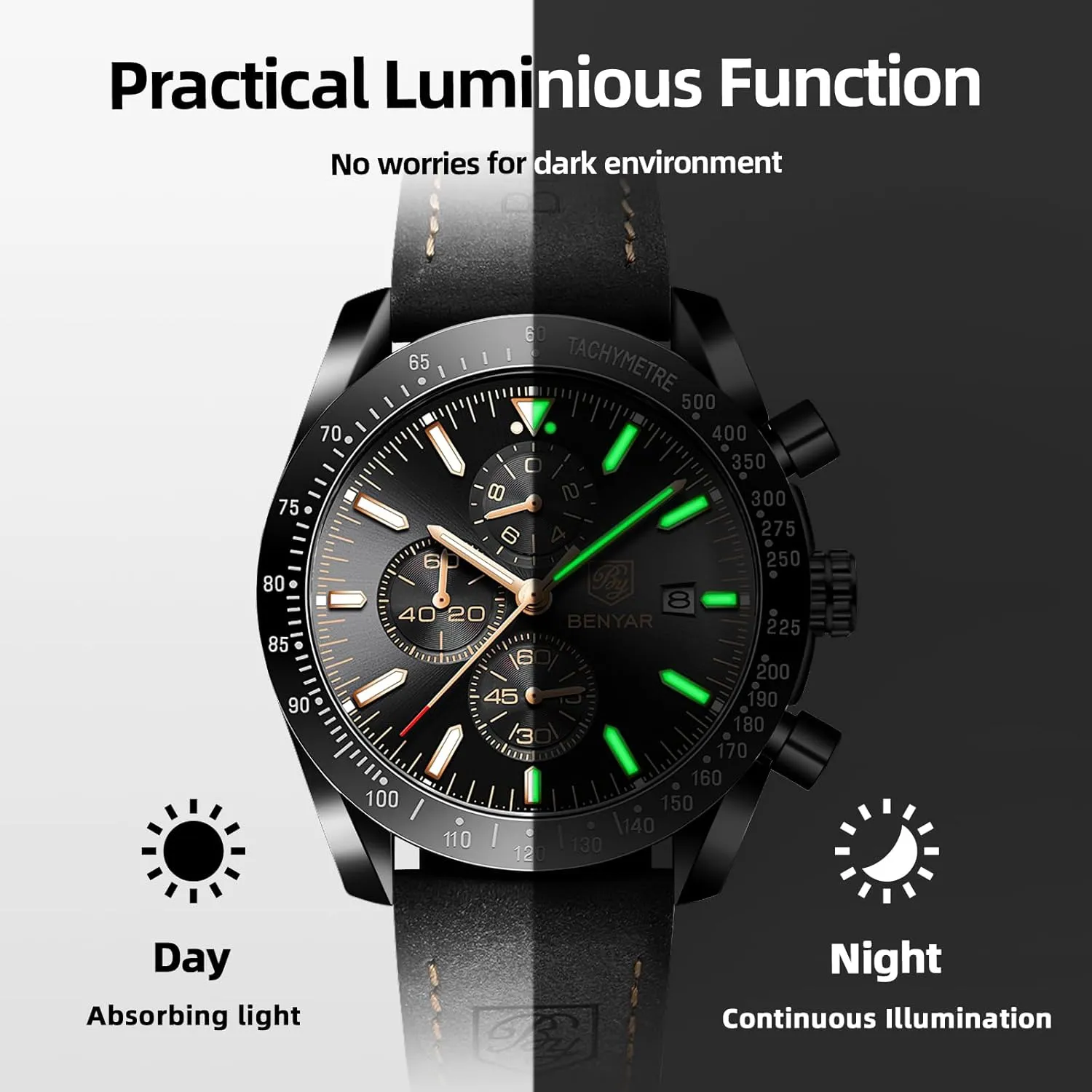 BY BENYAR Watch for Men Analog Quartz Chronograph Waterproof Luminous Designer Mens Wrist Watches Business Work Sport Casual Dress Watch with Silicone Strap Elegant Gifts for Men