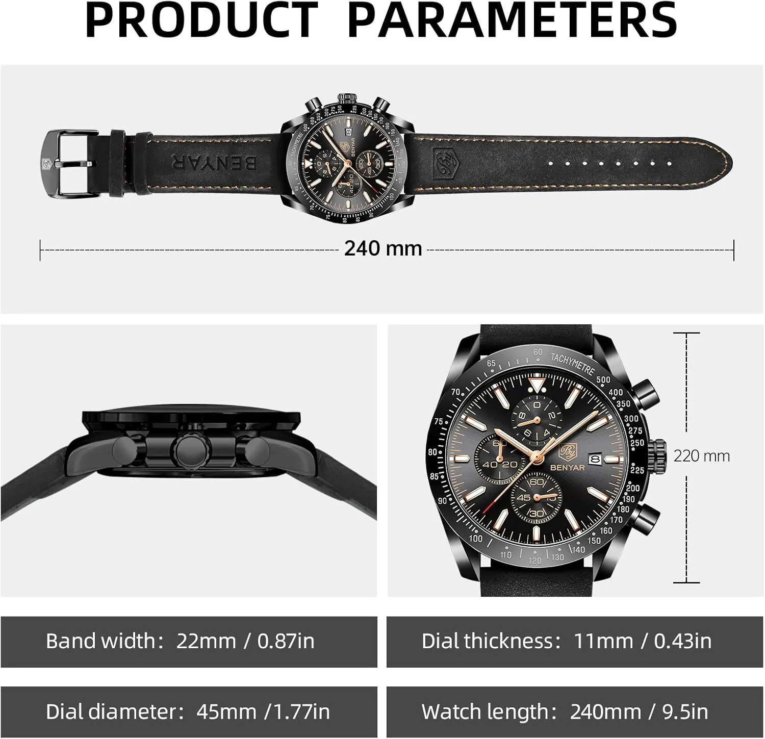 BY BENYAR Watch for Men Analog Quartz Chronograph Waterproof Luminous Designer Mens Wrist Watches Business Work Sport Casual Dress Watch with Silicone Strap Elegant Gifts for Men