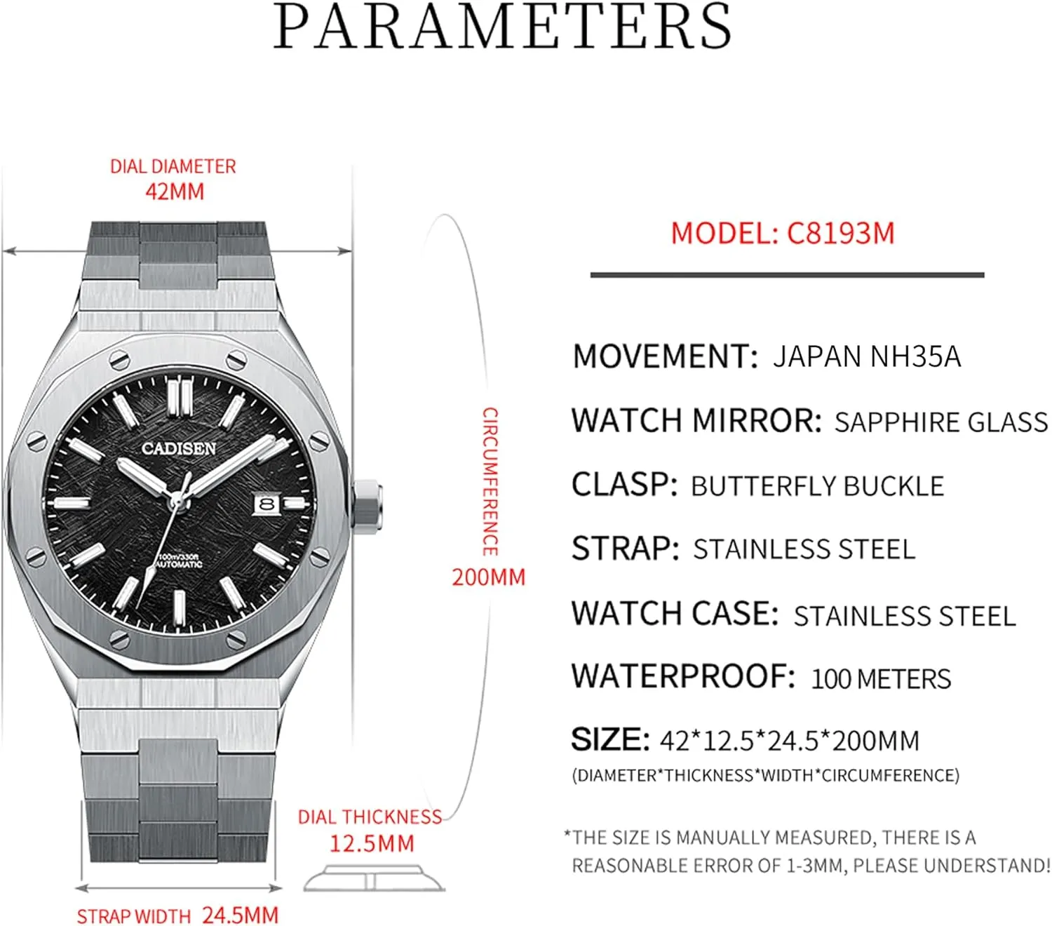 CADISEN Automatic Men's Mechanical Watch Waterproof Calendar Business Gentleman Man Style Steel Band Watches