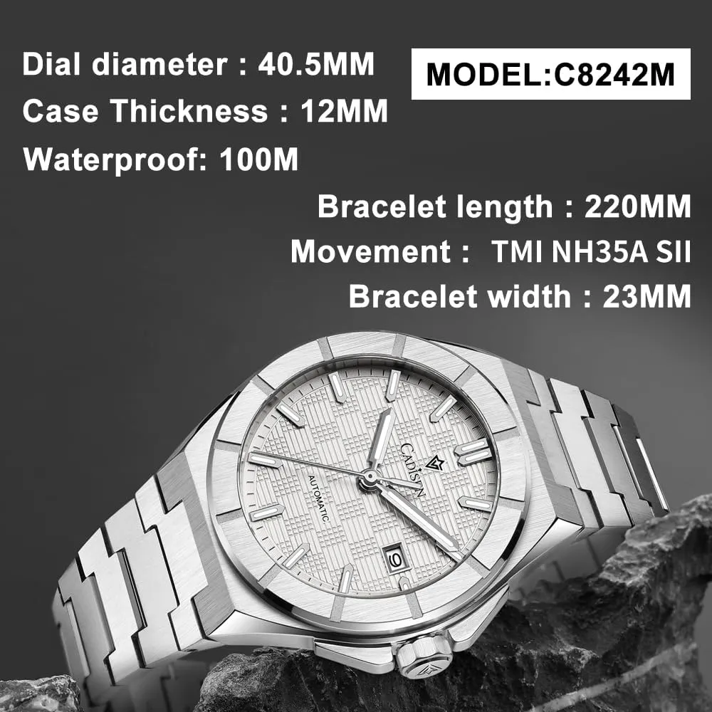 CADISEN Mens Automatic Watch Mechanical Waterproof Sapphire Watches for Men Stainless Steel Strap Wristwatch