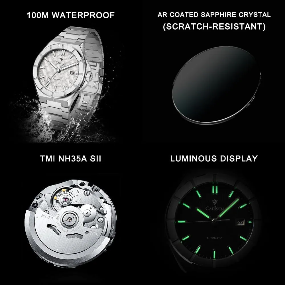 CADISEN Mens Automatic Watch Mechanical Waterproof Sapphire Watches for Men Stainless Steel Strap Wristwatch