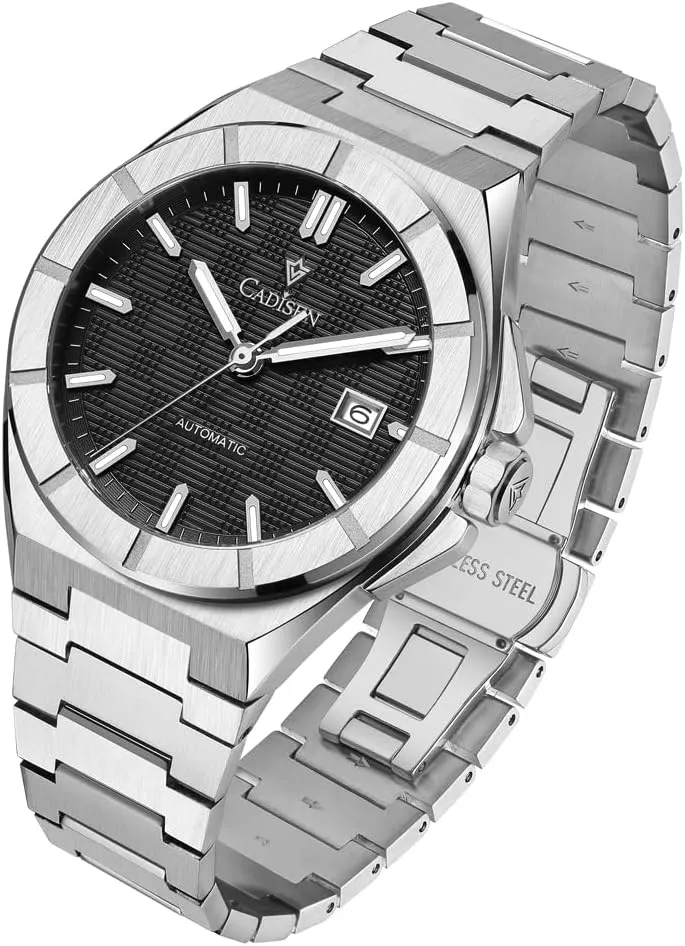 CADISEN Mens Automatic Watch Mechanical Waterproof Sapphire Watches for Men Stainless Steel Strap Wristwatch