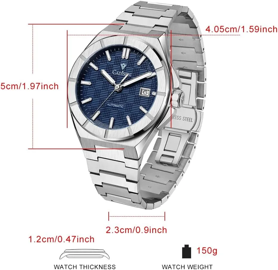 CADISEN Mens Automatic Watch Mechanical Waterproof Sapphire Watches for Men Stainless Steel Strap Wristwatch