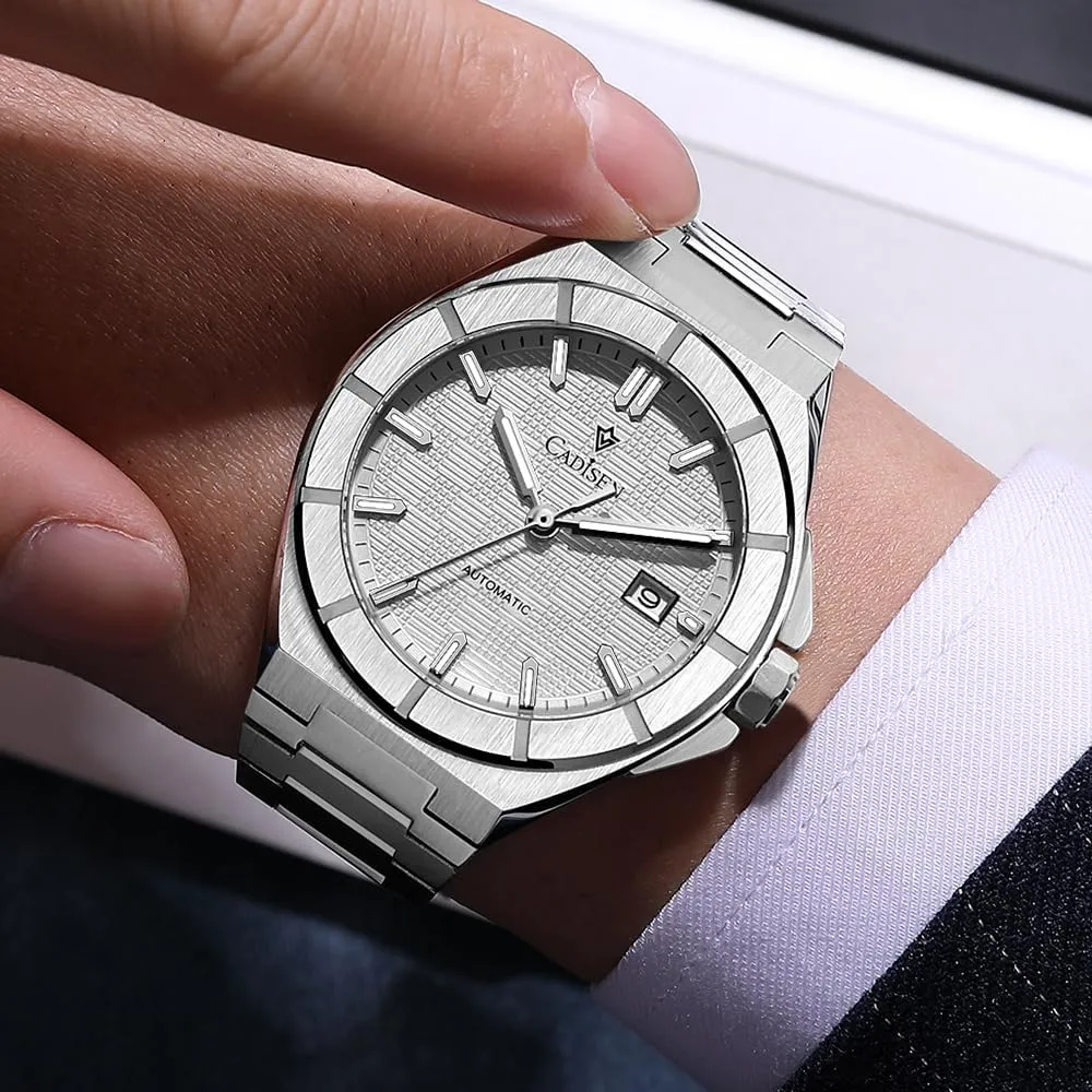 CADISEN Mens Automatic Watch Mechanical Waterproof Sapphire Watches for Men Stainless Steel Strap Wristwatch