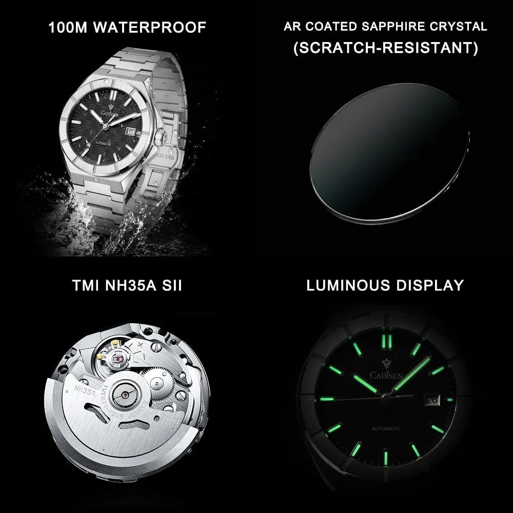 CADISEN Mens Automatic Watch Mechanical Waterproof Sapphire Watches for Men Stainless Steel Strap Wristwatch