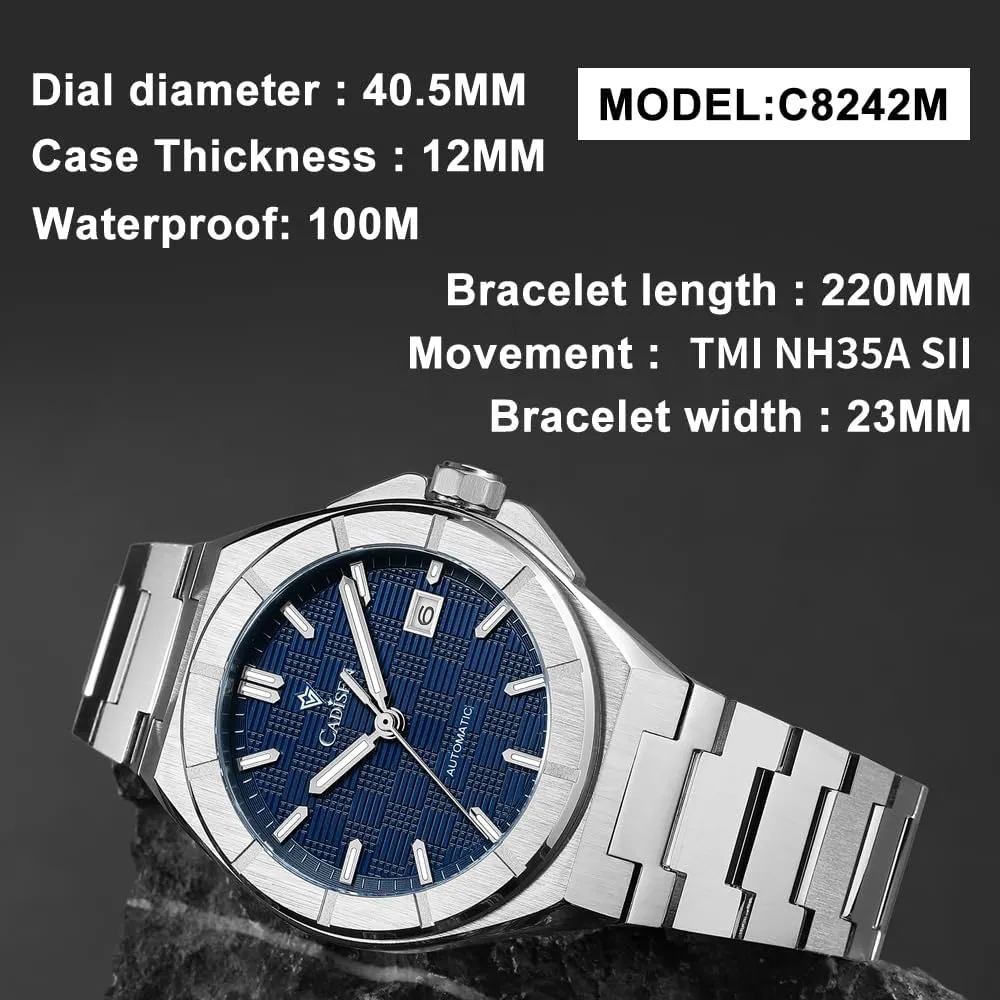 CADISEN Mens Automatic Watch Mechanical Waterproof Sapphire Watches for Men Stainless Steel Strap Wristwatch
