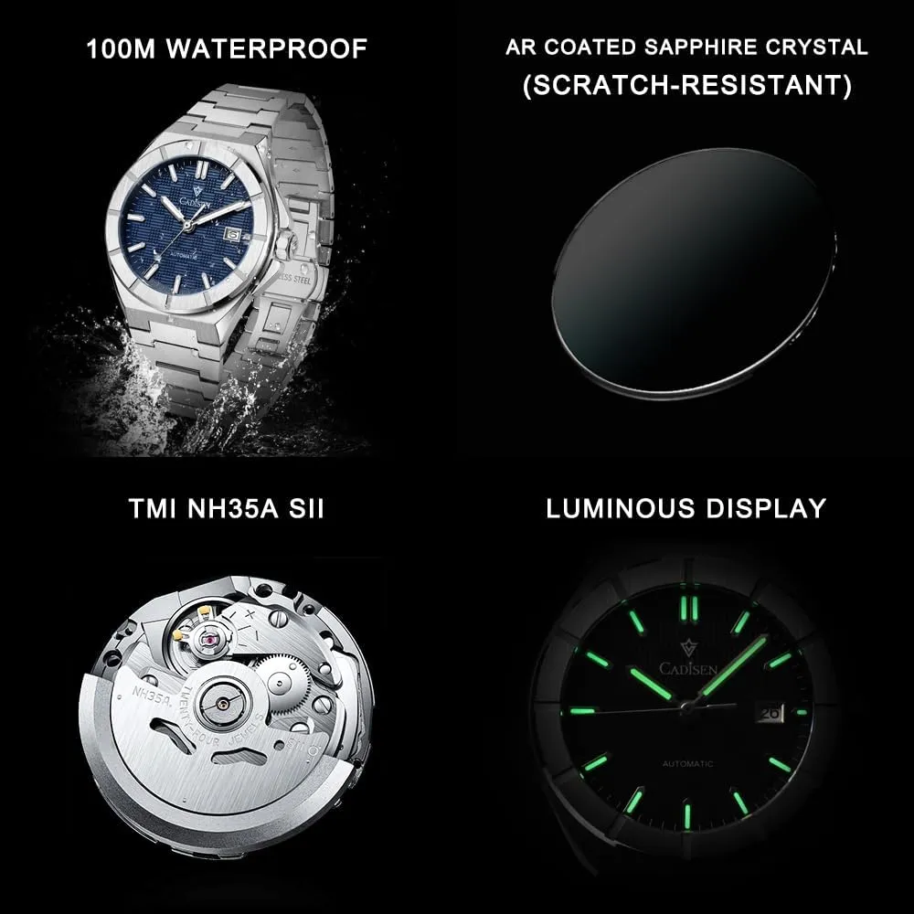 CADISEN Mens Automatic Watch Mechanical Waterproof Sapphire Watches for Men Stainless Steel Strap Wristwatch