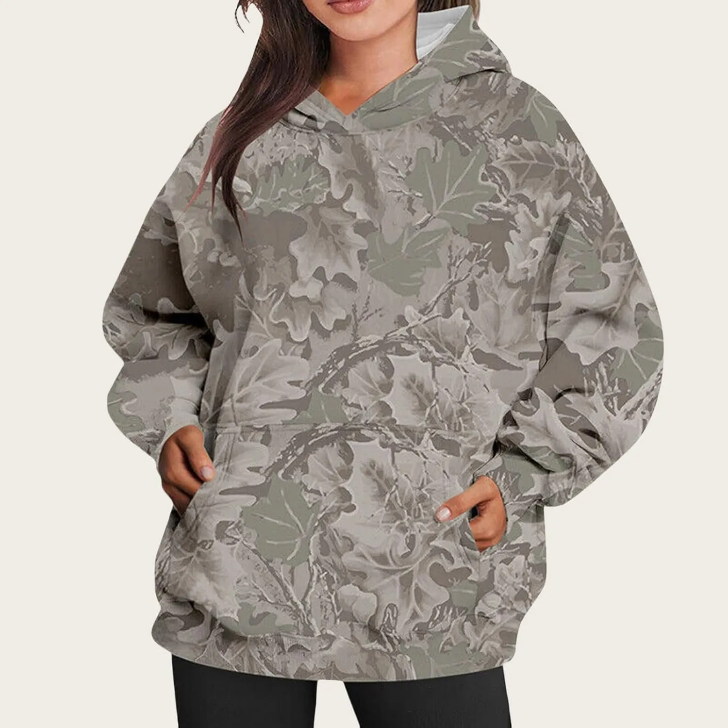 Camo Hoodie for Women Oversized Maple-Leaf Print Hooded Sweatshirt Lightweight Crew Neck Long Sleeve Pullover Tops