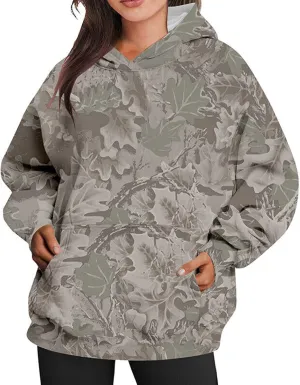 Camo Hoodie for Women Oversized Maple-Leaf Print Hooded Sweatshirt Lightweight Crew Neck Long Sleeve Pullover Tops