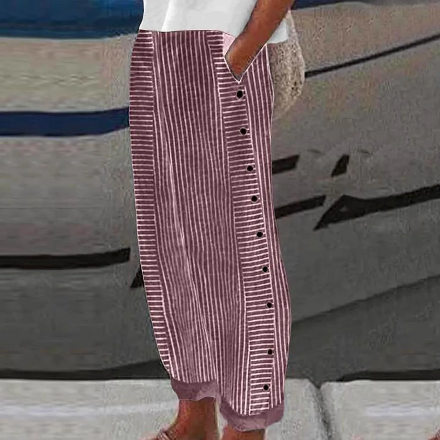 Capri Lounge Pants For Women Plus Size Loose Fitting High Waist Striped Drawstring Pants Wide Leg Cropped Trouser