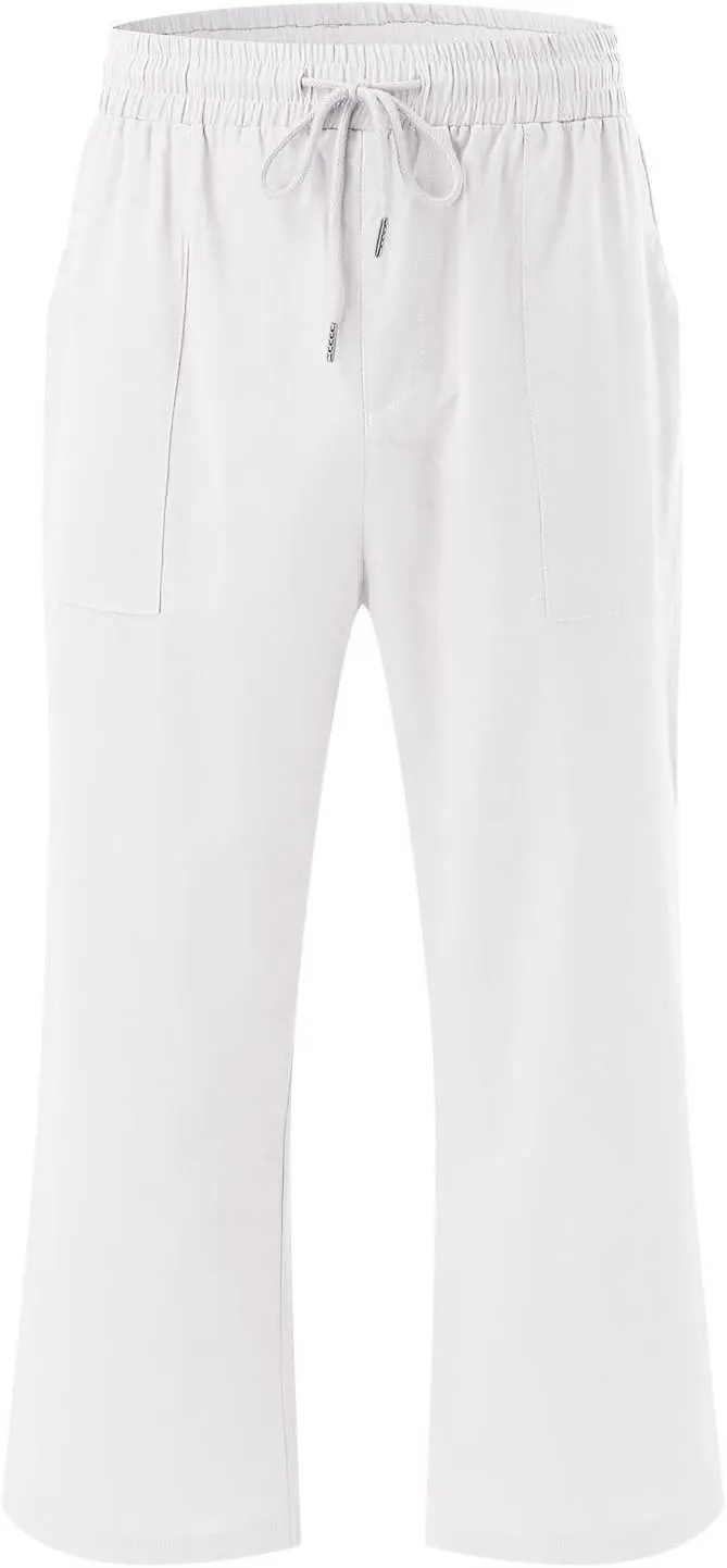 Capri Pants for Women Casual Summer Linen Capris Drawstring Elastic Waist Wide Leg Cropped Trousers