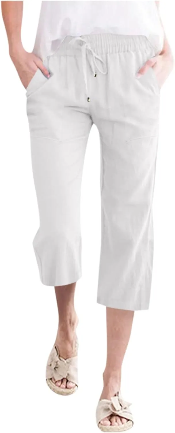 Capri Pants for Women Casual Summer Linen Capris Drawstring Elastic Waist Wide Leg Cropped Trousers