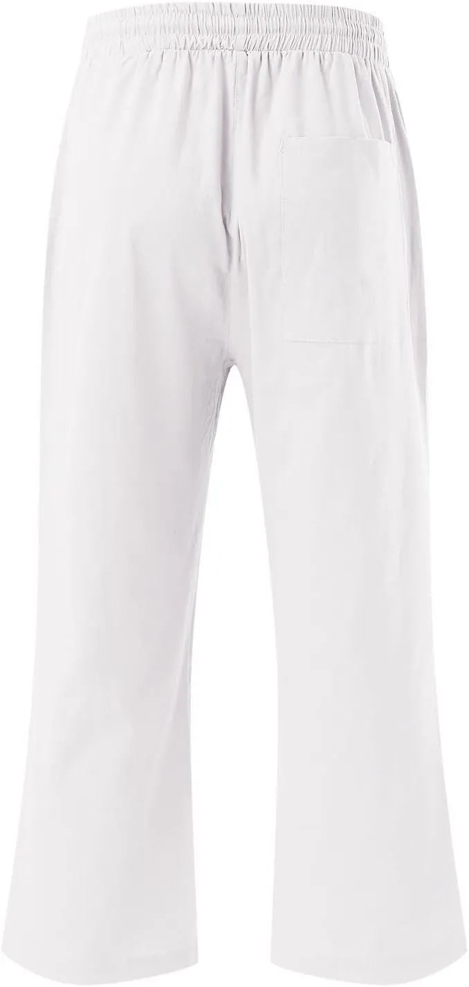 Capri Pants for Women Casual Summer Linen Capris Drawstring Elastic Waist Wide Leg Cropped Trousers
