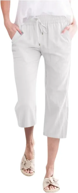 Capri Pants for Women Casual Summer Linen Capris Drawstring Elastic Waist Wide Leg Cropped Trousers