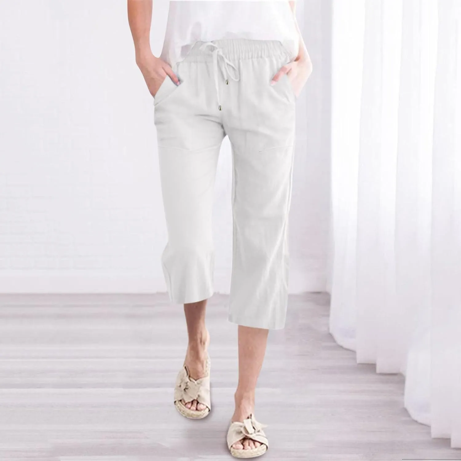 Capri Pants for Women Casual Summer Linen Capris Drawstring Elastic Waist Wide Leg Cropped Trousers