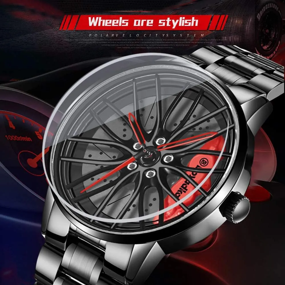 Car Wheel Watch, Stainless Steel Rim Watch with Japanese Quartz Movement, Waterproof Sports Wrist Watch, Racing Watch for Men/Car Enthusiast