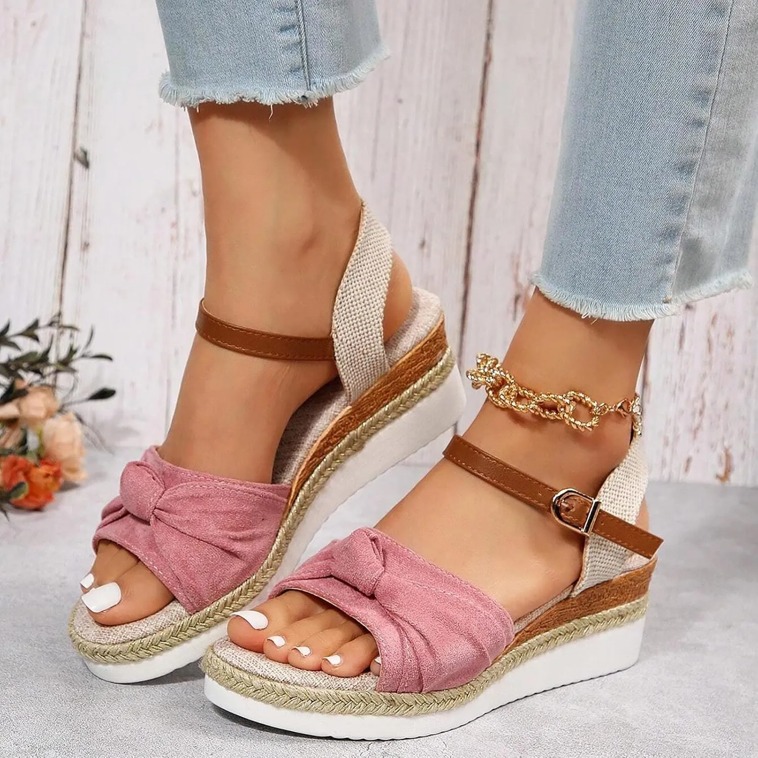 Cathalem Summer Sandals for Women 2024 Open Toe Ankle Strap Espadrilles Sandals Casual Strappy Slip on Sandals Beach Sandals